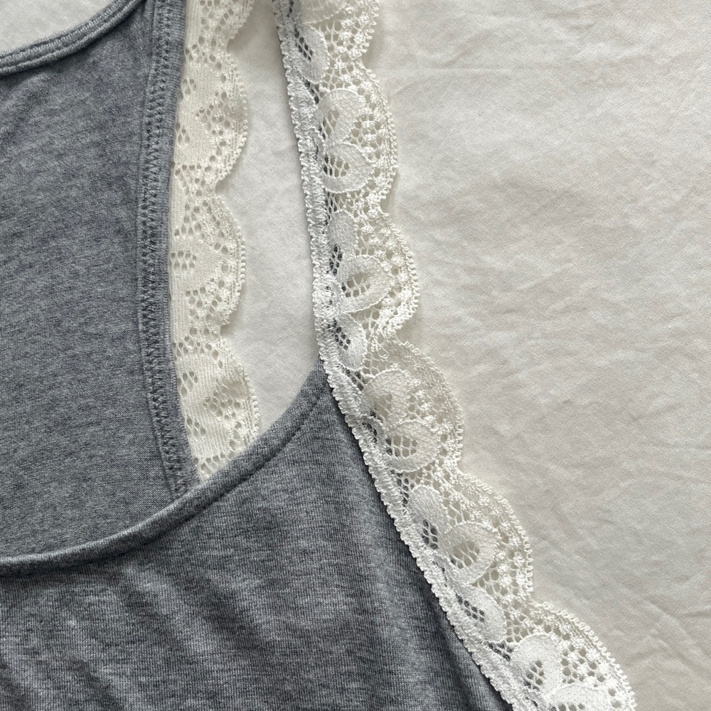aerie Grey and White Floral Lace Trim Pajama Tank Top - Picture 3 of 5